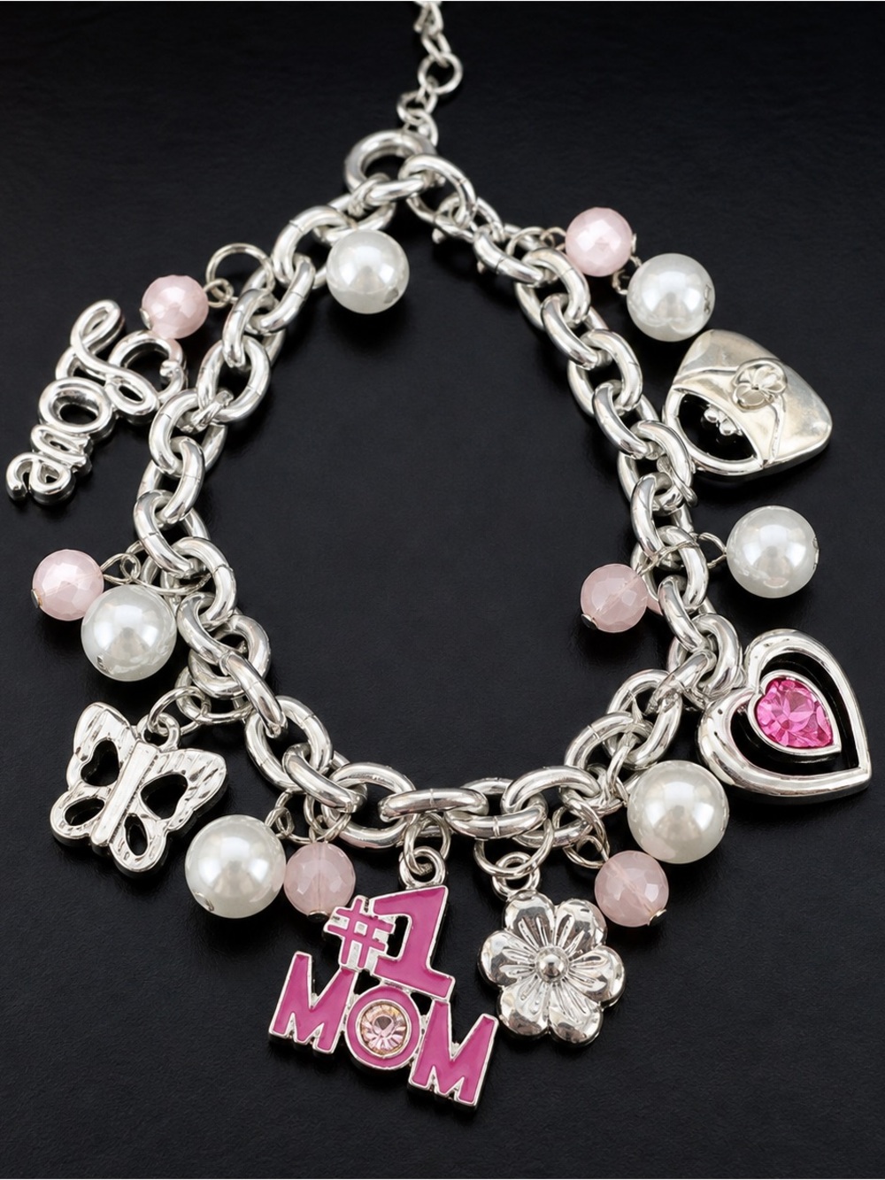 Silver Charm Bracelet #1 Mom Pink Heart Butterfly Flower Beads Cute Gift
